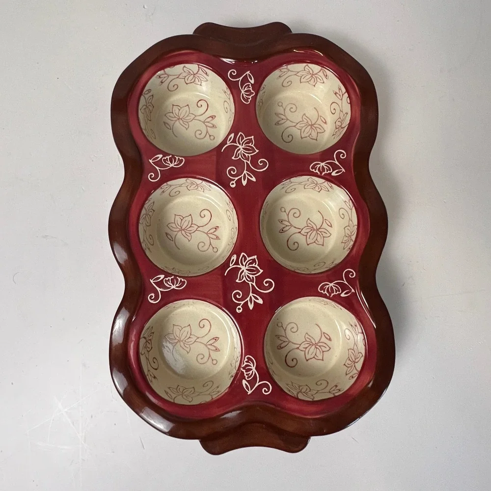 Temp-tations Muffin Pan 6 Cup Cranberry Red Floral Lace Ceramic Stoneware Baker